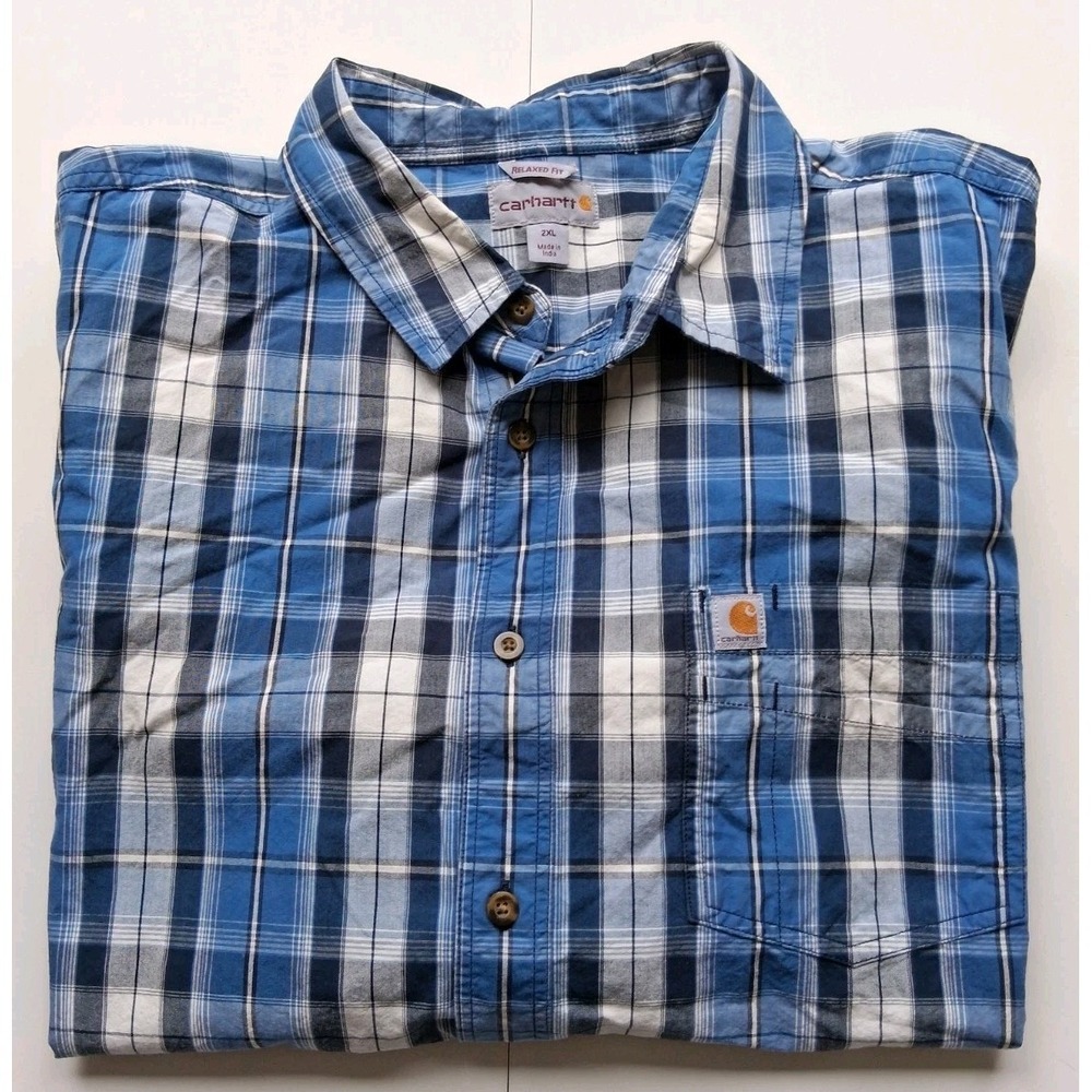 Carhartt Short Sleeve Casual‎ Button Down Shirt Men's 2XL Blue White Plaid Work